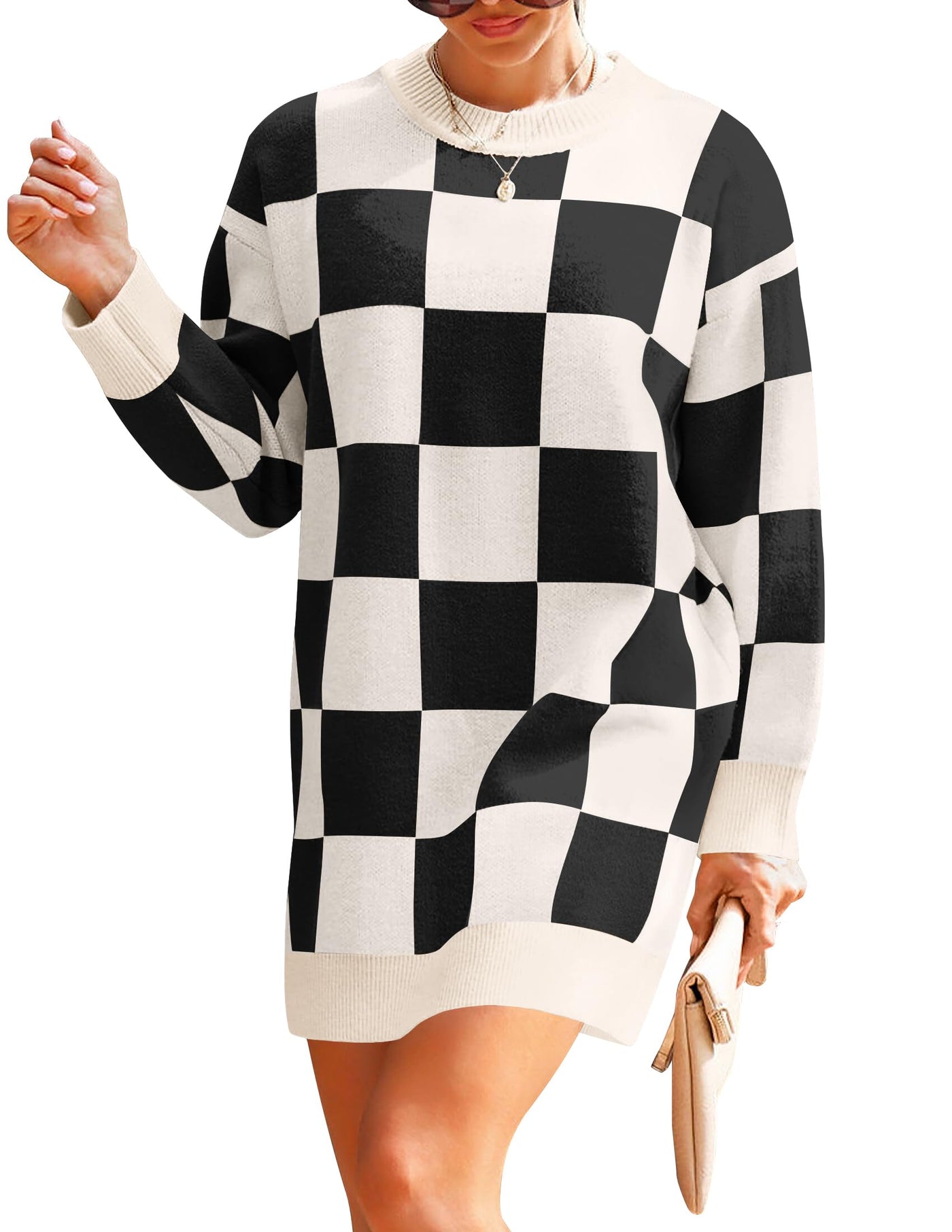 ZESICA Oversized Crew Neck Plaid Tunic Sweater Dress zesica ZESICA Oversized Crew Neck Plaid Tunic Sweater Dress zesica