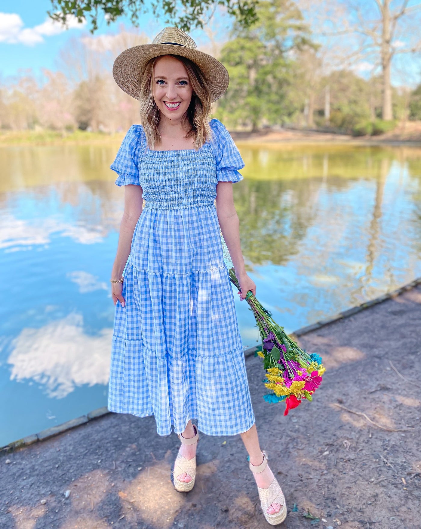 ZESICA Plaid Square Neck Puff Sleeve Ruffle Midi Dress zesica ZESICA Plaid Square Neck Puff Sleeve Ruffle Midi Dress zesica