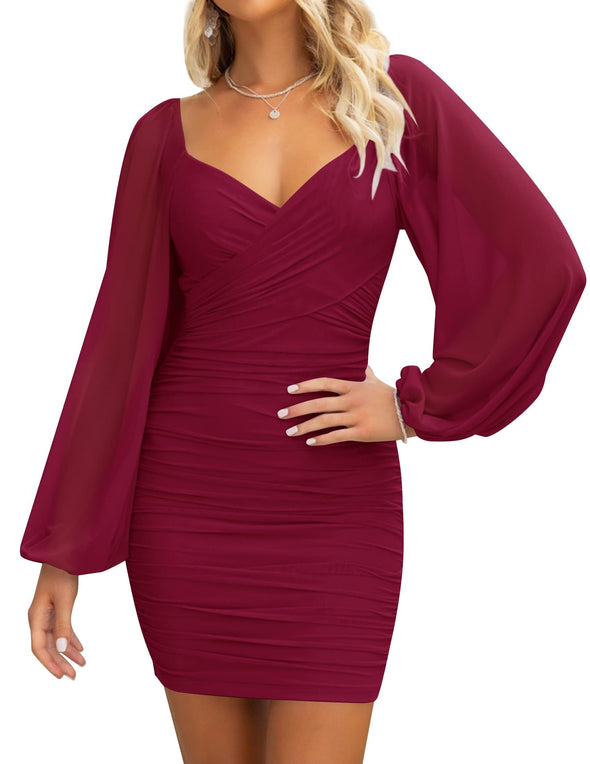 ZESICA  Puff Long Sleeve Sexy V Neck Ruched Bodycon Mini Dress