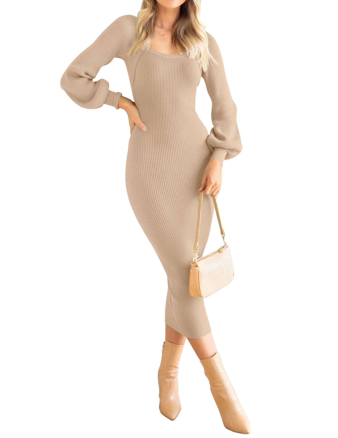 ZESICA Puff Long Sleeve Square Neck Ribbed Knit Dress zesica ZESICA Puff Long Sleeve Square Neck Ribbed Knit Dress zesica