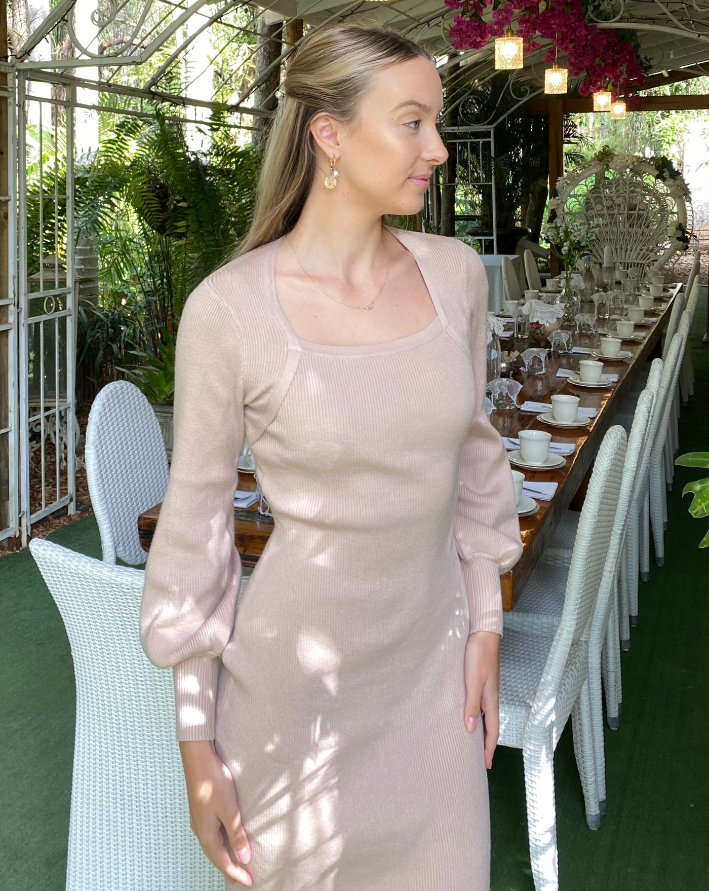 ZESICA Puff Long Sleeve Square Neck Ribbed Knit Dress zesica ZESICA Puff Long Sleeve Square Neck Ribbed Knit Dress zesica