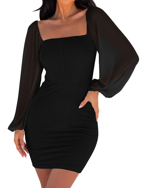 ZESICA Puff Long Sleeve Square Neck Ruched Bodycon Mini Dress