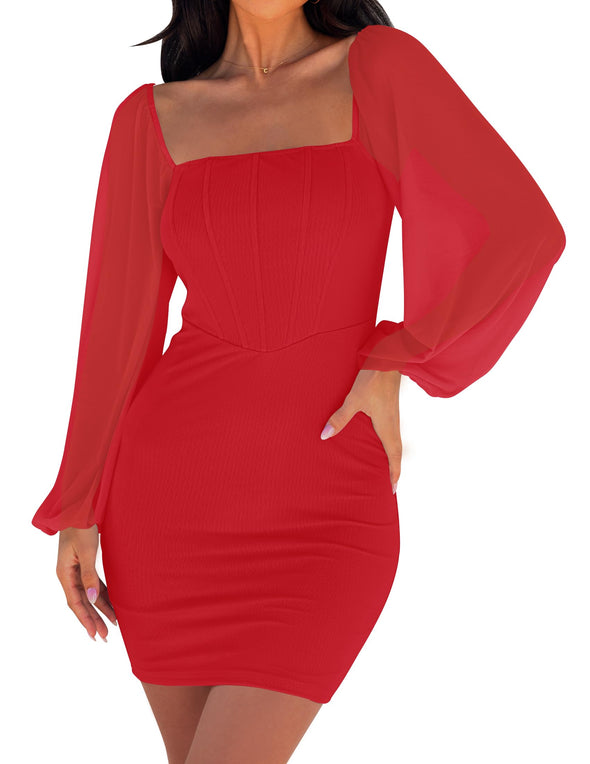 ZESICA Puff Long Sleeve Square Neck Ruched Bodycon Mini Dress