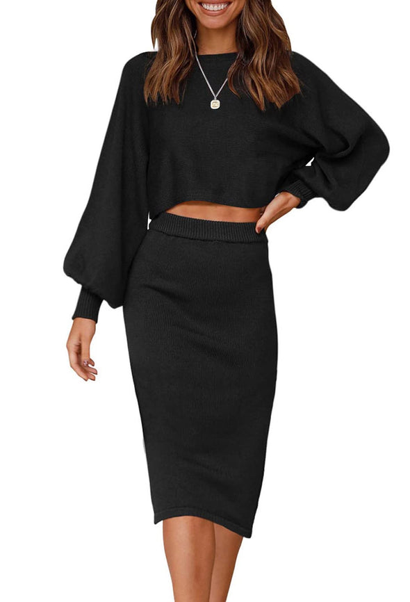 ZESICA Ribbed Knit Top and Bodycon Midi Skirt Sweater Set
