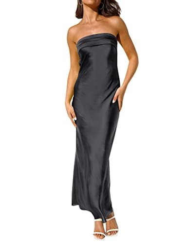 ZESICA Sexy Strapless Backless Bodycon Satin Maxi Dress