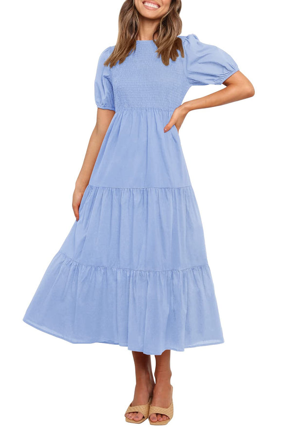 ZESICA Short Puff Sleeve Smocked High Waist Ruffle Midi Dress