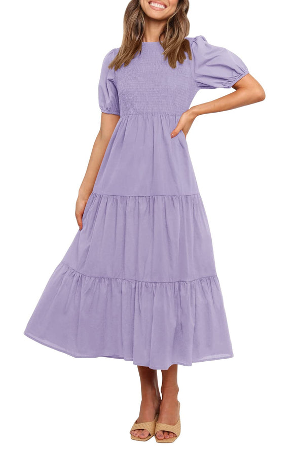 ZESICA Short Puff Sleeve Smocked High Waist Ruffle Midi Dress