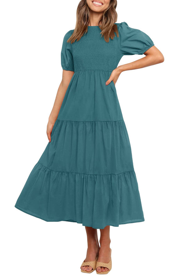 ZESICA Short Puff Sleeve Smocked High Waist Ruffle Midi Dress