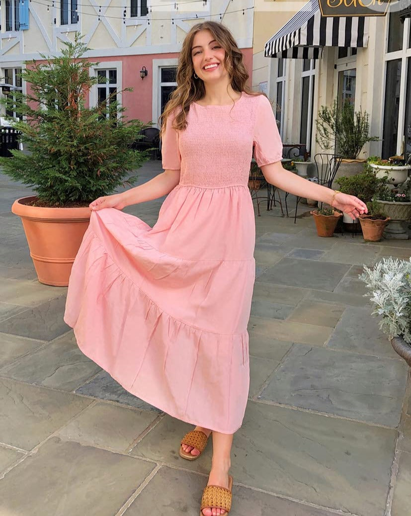 ZESICA Short Puff Sleeve Smocked High Waist Ruffle Midi Dress zesica ZESICA Short Puff Sleeve Smocked High Waist Ruffle Midi Dress zesica