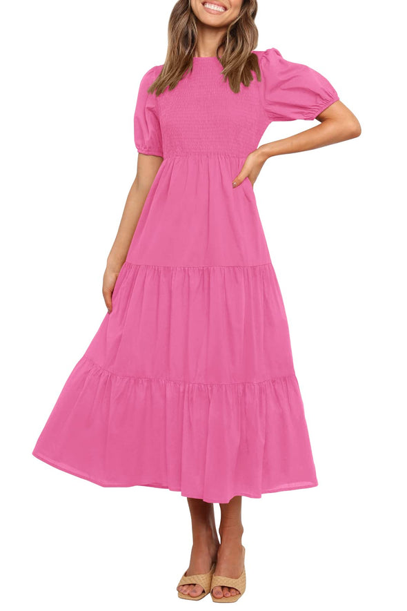 ZESICA Short Puff Sleeve Smocked High Waist Ruffle Midi Dress