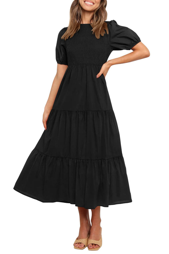 ZESICA Short Puff Sleeve Smocked High Waist Ruffle Midi Dress