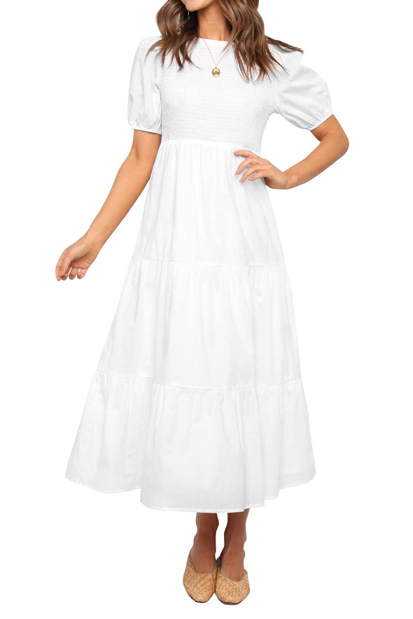 ZESICA Short Puff Sleeve Smocked High Waist Ruffle Midi Dress