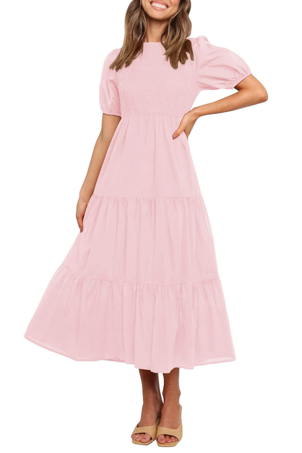 ZESICA Short Puff Sleeve Smocked High Waist Ruffle Midi Dress