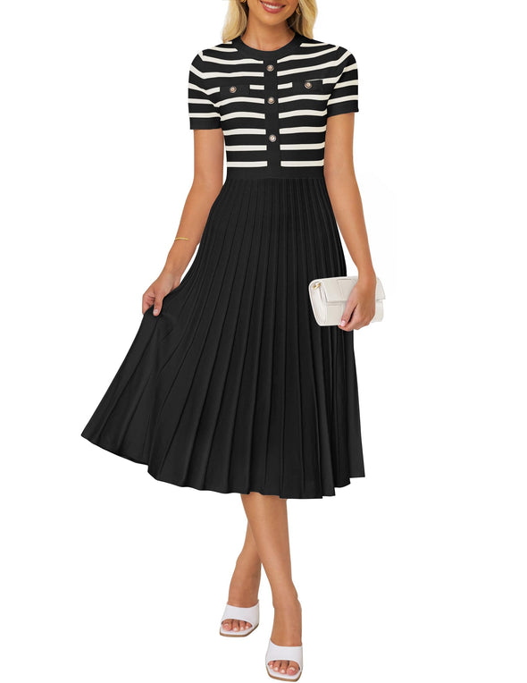 ZESICA Short Sleeve Button Ribbed Knit Striped Pleated Midi Dress