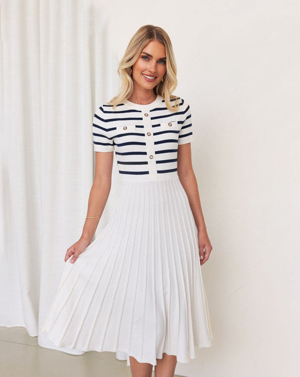 ZESICA Short Sleeve Button Ribbed Knit Striped Pleated Midi Dress