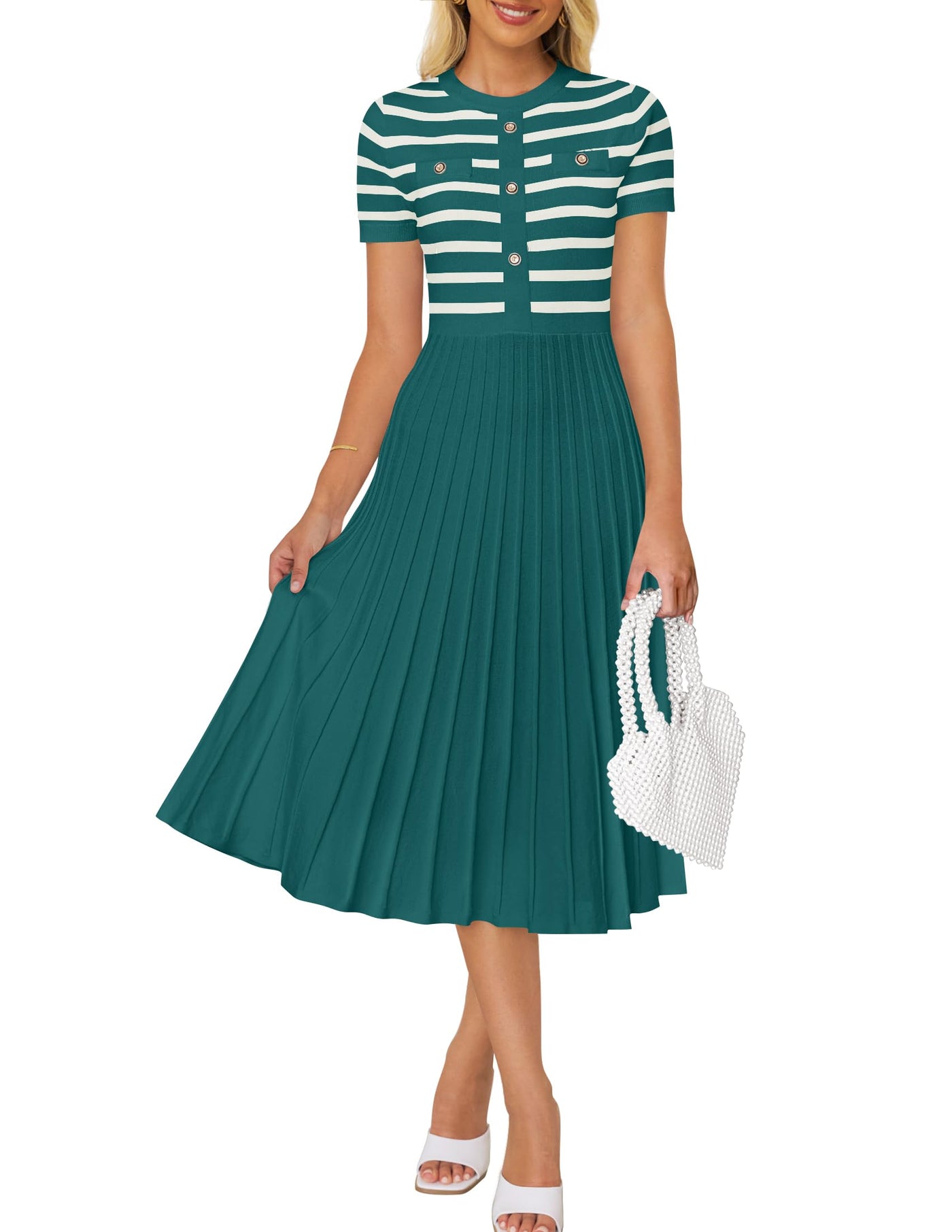 ZESICA Short Sleeve Button Ribbed Knit Striped Pleated Midi Dress zesica ZESICA Short Sleeve Button Ribbed Knit Striped Pleated Midi Dress zesica