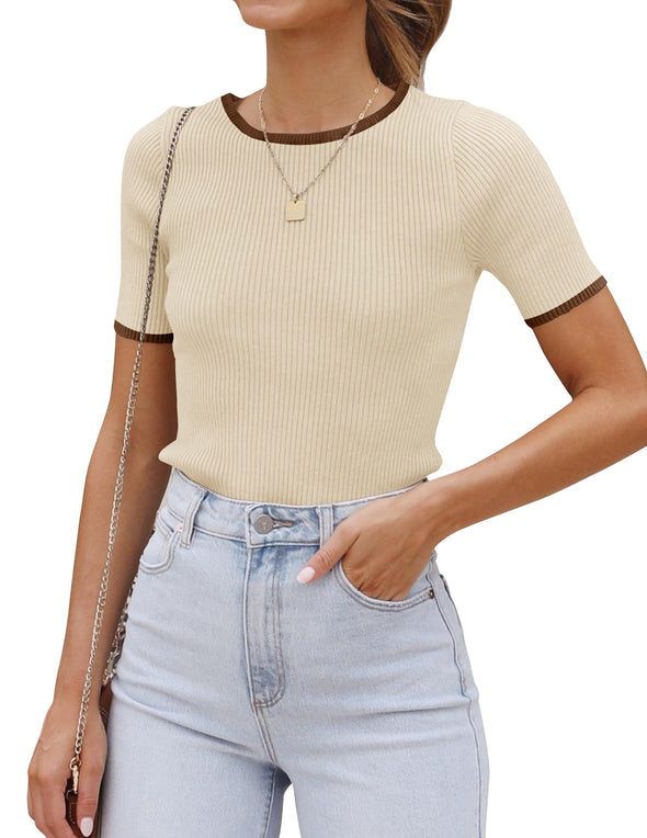 ZESICA Short Sleeve Crewneck Color Block Ribbed Knit Top