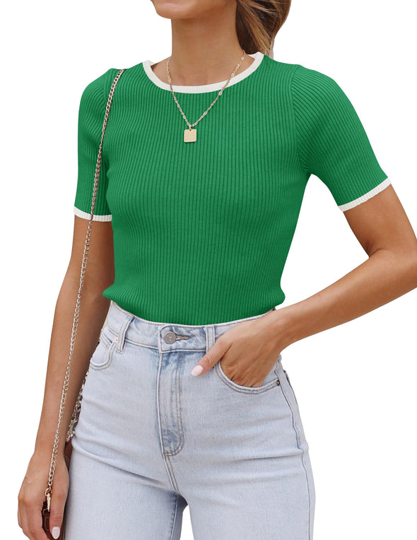 ZESICA Short Sleeve Crewneck Color Block Ribbed Knit Top