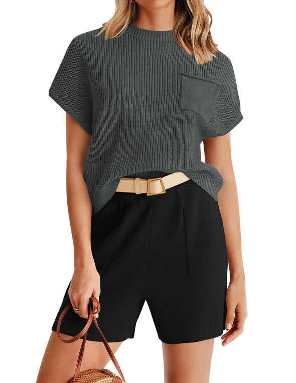 ZESICA Short Sleeve Mock Neck Knit Pullover Top and Shorts Lounge Set