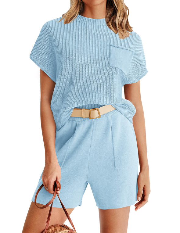 ZESICA Short Sleeve Mock Neck Knit Pullover Top and Shorts Lounge Set