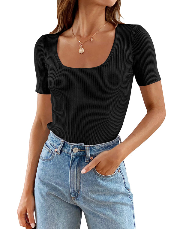 ZESICA Short Sleeve Square Neck Ribbed Knit Top