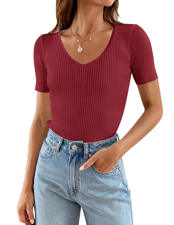 ZESICA Short Sleeve V Neck Slim Fit Ribbed Knit Top