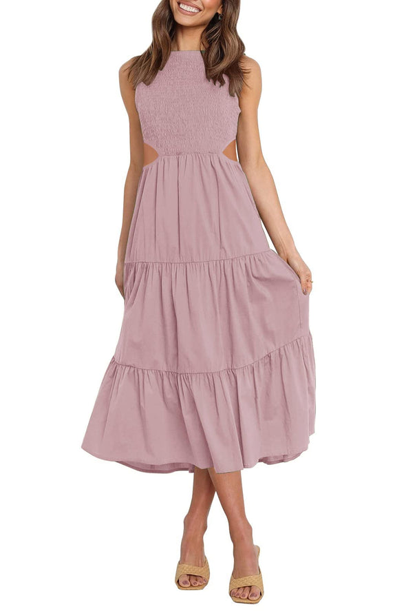 ZESICA Sleeveless Crew Neck Smocked High Waist Flowy Midi Dress