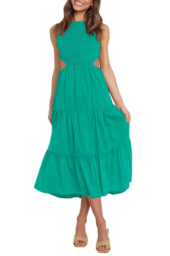 ZESICA Sleeveless Crew Neck Smocked High Waist Flowy Midi Dress