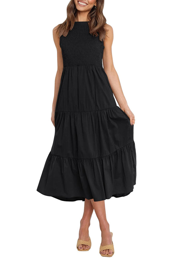 ZESICA Sleeveless Crew Neck Smocked High Waist Flowy Midi Dress