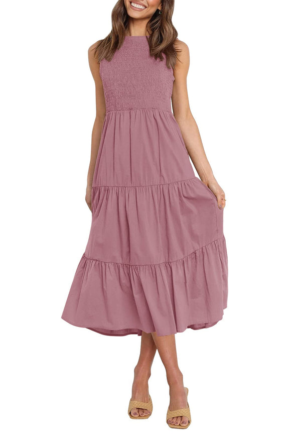 ZESICA Sleeveless Crew Neck Smocked High Waist Flowy Midi Dress