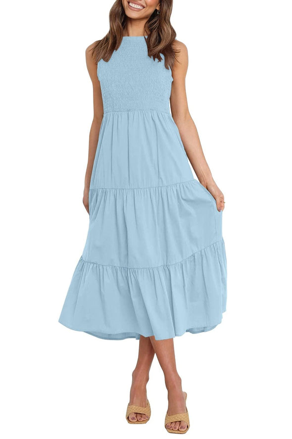 ZESICA Sleeveless Crew Neck Smocked High Waist Flowy Midi Dress