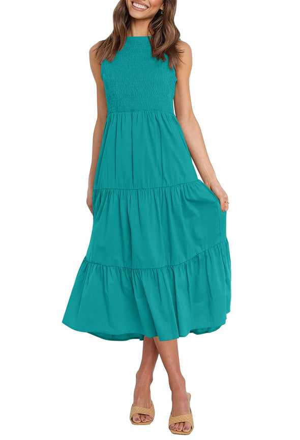 ZESICA Sleeveless Crew Neck Smocked High Waist Flowy Midi Dress