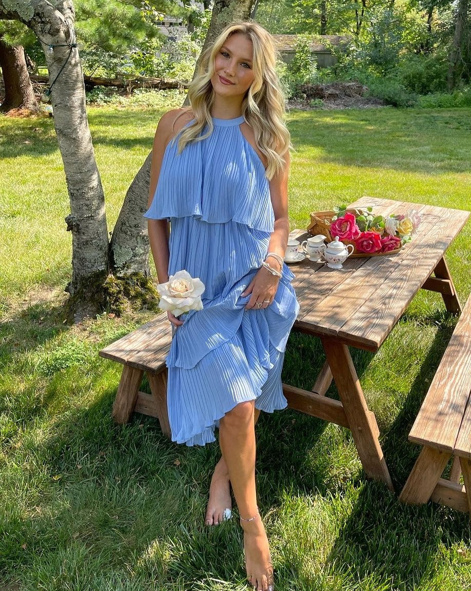 ZESICA Sleeveless Halter Neck Ruffle Tiered Midi Dress zesica ZESICA Sleeveless Halter Neck Ruffle Tiered Midi Dress zesica