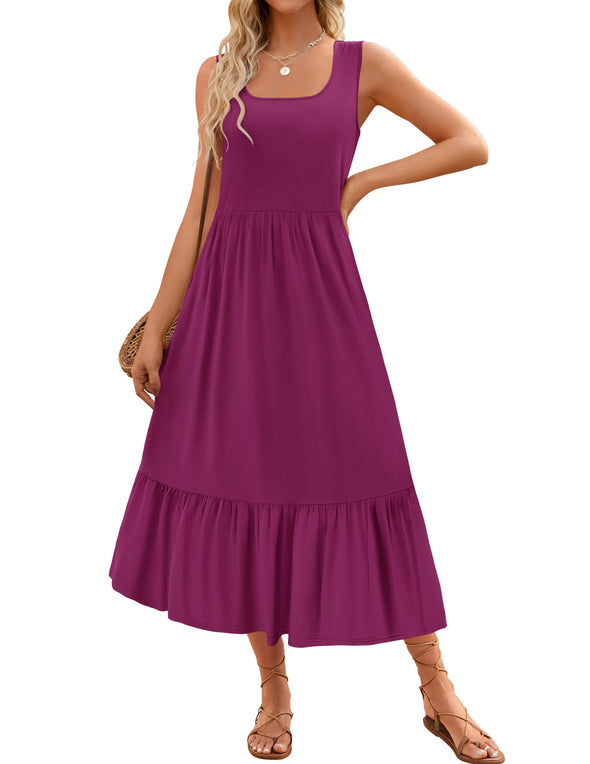 ZESICA Sleeveless Square Neck Tiered Swing Maxi Dress