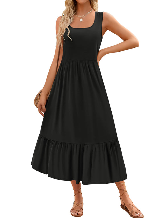 ZESICA Sleeveless Square Neck Tiered Swing Maxi Dress