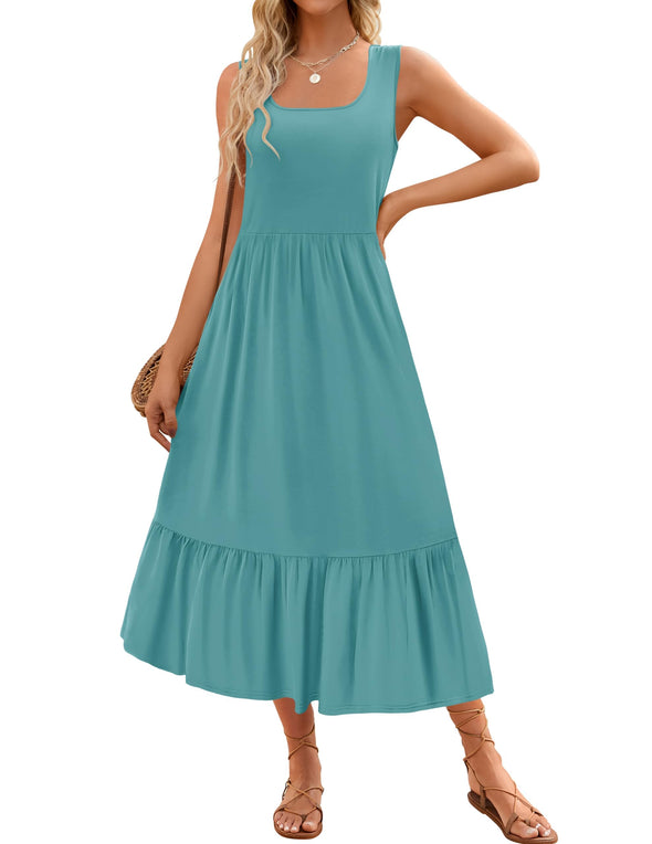 ZESICA Sleeveless Square Neck Tiered Swing Maxi Dress