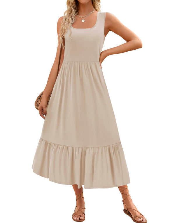 ZESICA Sleeveless Square Neck Tiered Swing Maxi Dress