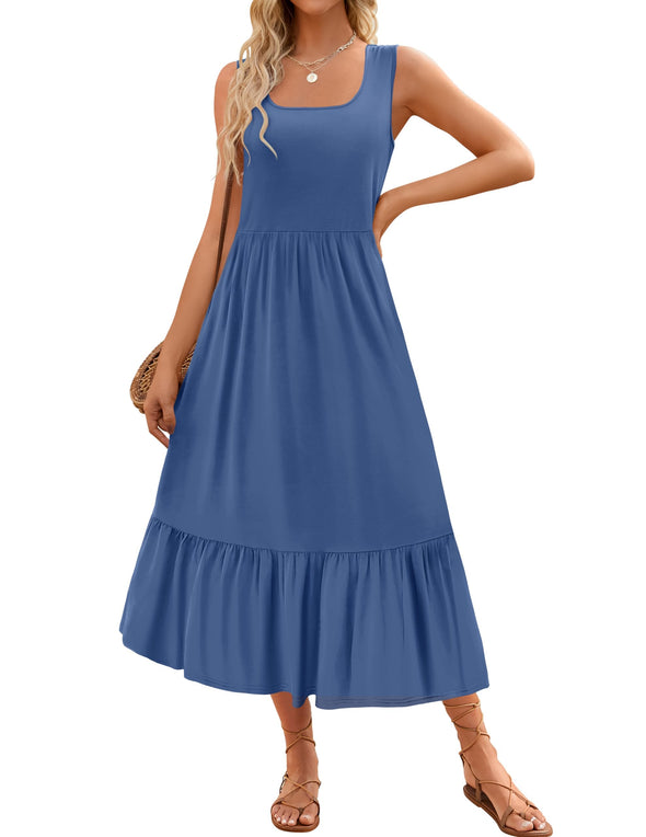 ZESICA Sleeveless Square Neck Tiered Swing Maxi Dress