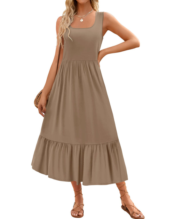 ZESICA Sleeveless Square Neck Tiered Swing Maxi Dress