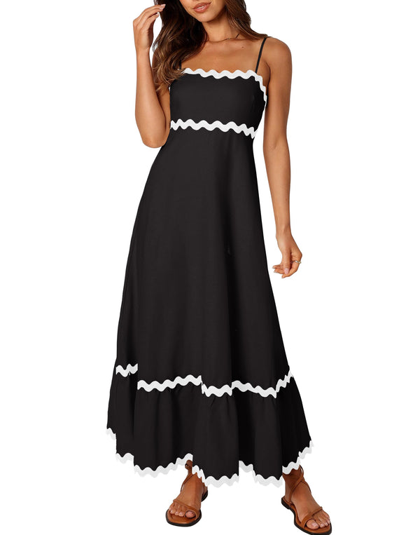 ZESICA Spaghetti Straps Sleeveless Backless Smocked Lace Midi Dress