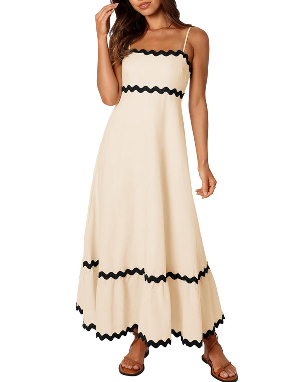 ZESICA Spaghetti Straps Sleeveless Backless Smocked Lace Midi Dress