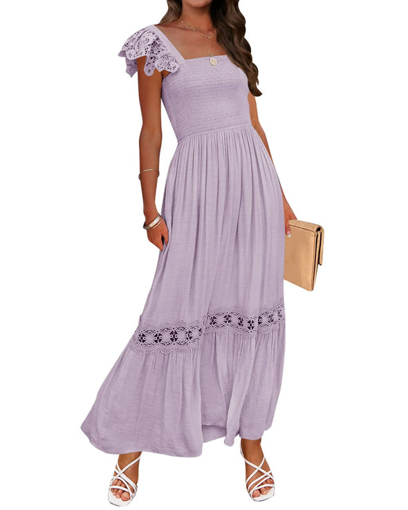 ZESICA Square Neck Lace Strap Ruffle Hollow Out Maxi Dress