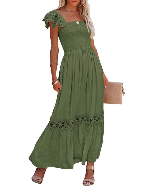 ZESICA Square Neck Lace Strap Ruffle Hollow Out Maxi Dress