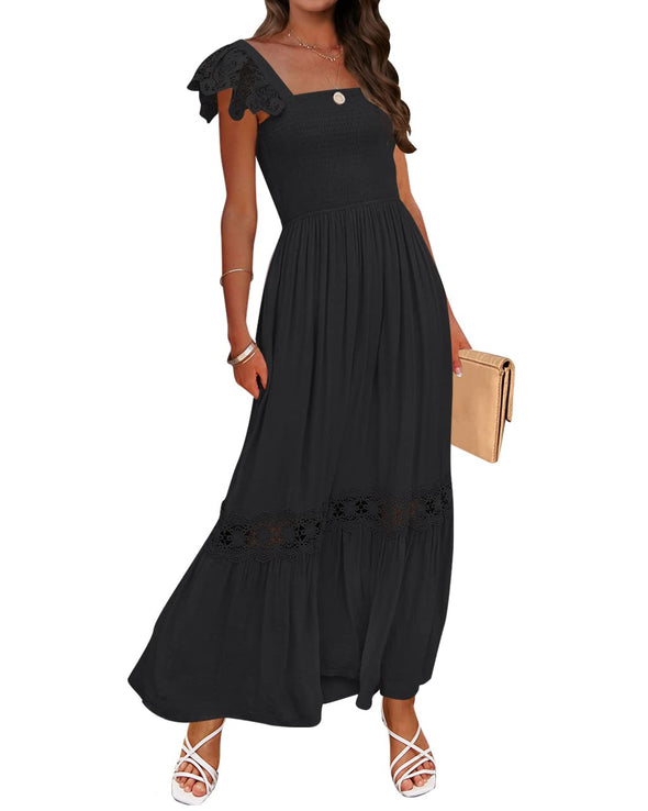 ZESICA Square Neck Lace Strap Ruffle Hollow Out Maxi Dress