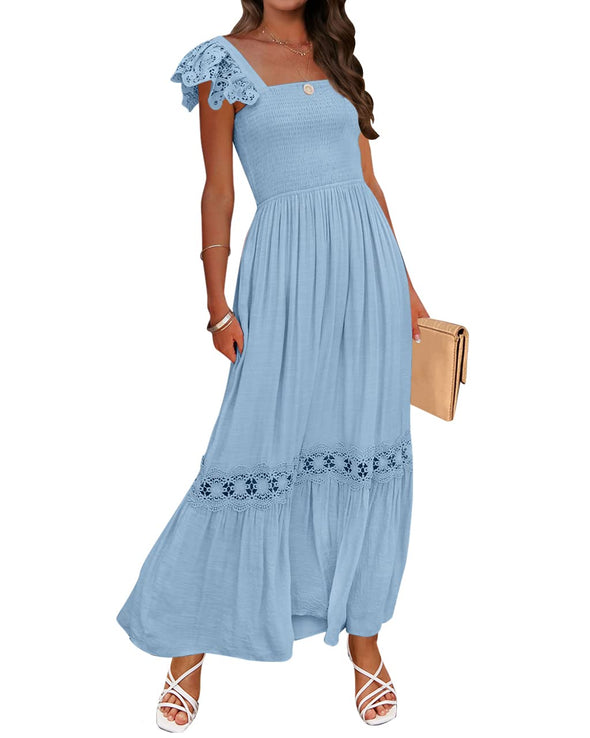 ZESICA Square Neck Lace Strap Ruffle Hollow Out Maxi Dress