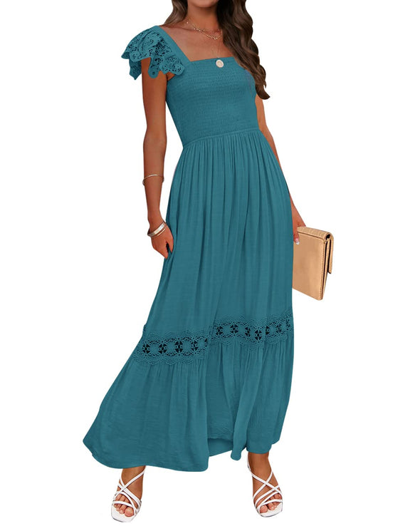 ZESICA Square Neck Lace Strap Ruffle Hollow Out Maxi Dress