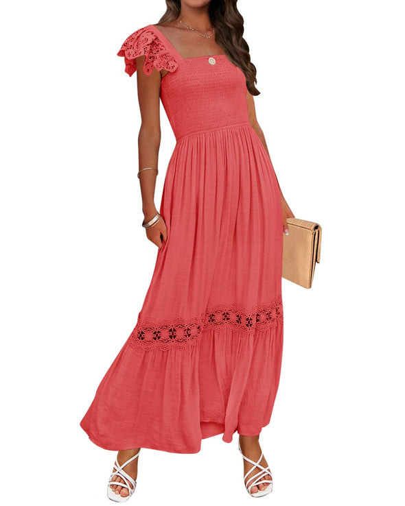 ZESICA Square Neck Lace Strap Ruffle Hollow Out Maxi Dress