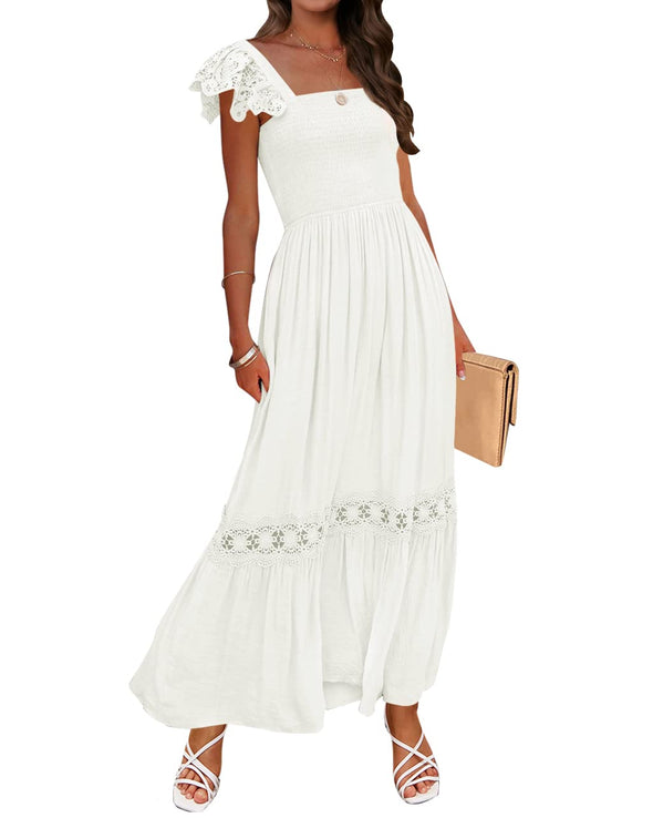 ZESICA Square Neck Lace Strap Ruffle Hollow Out Maxi Dress