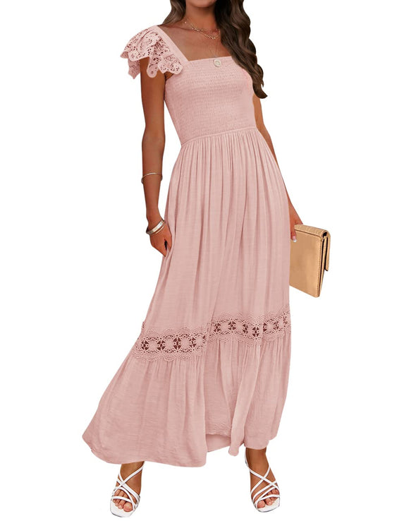 ZESICA Square Neck Lace Strap Ruffle Hollow Out Maxi Dress