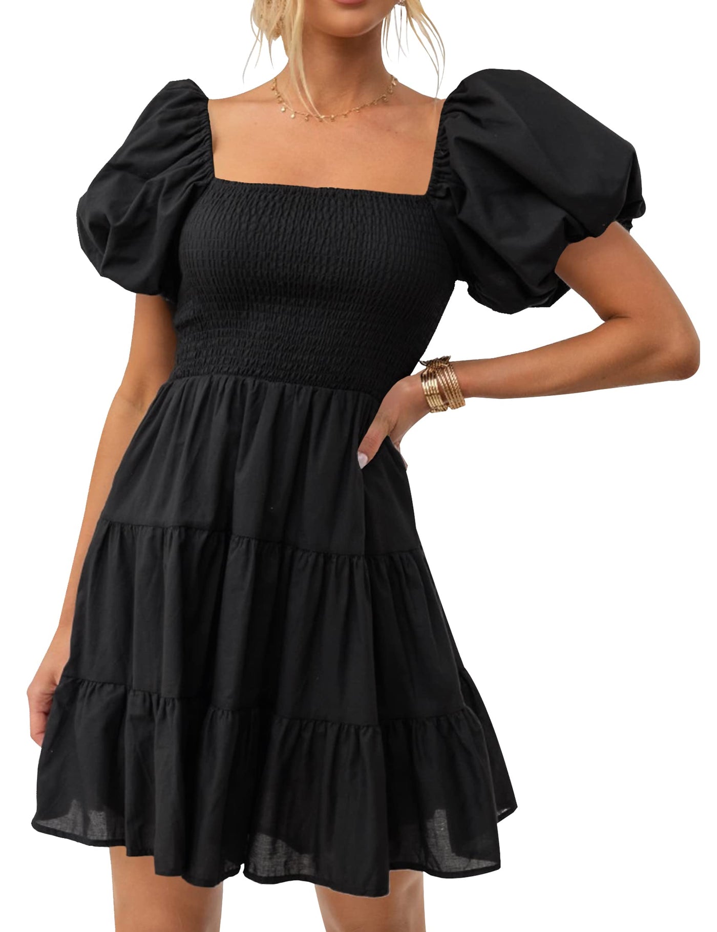 ALSLIAO Womens Square Neck Off Shoulder Dress A-Line Casual Dress Smocked  Puff Sleeve Black S 
